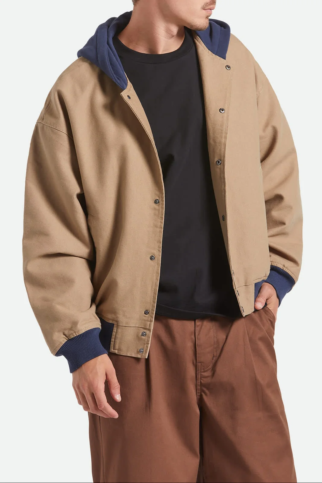 Canvas Hooded Bomber Jacket - Khaki/Mood Indigo - Image 2